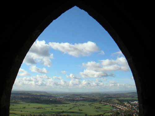 The view of Glastonbury Town seen from the inner side of Glastonbury Tor, England